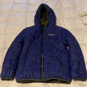 Eddie Bauer reversible waterproof puffer coat with faux shearling lining.